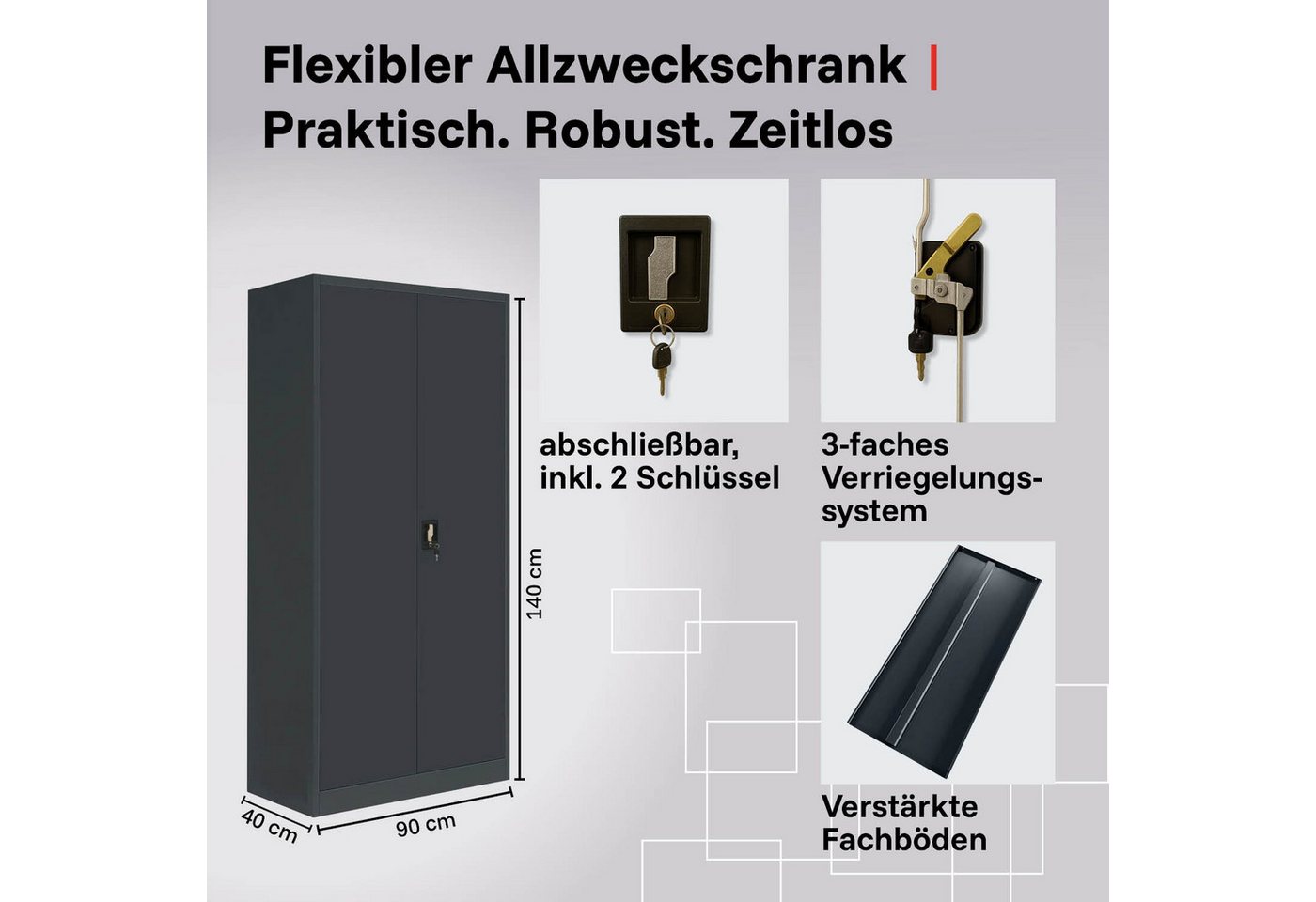 LagerZwei Aktenschrank Stahlschrank 140x90x40 cm (1-St) 3-fach verriegelt, 4 höhenverstellbare Böden, Flügeltüren 130° Bild 2