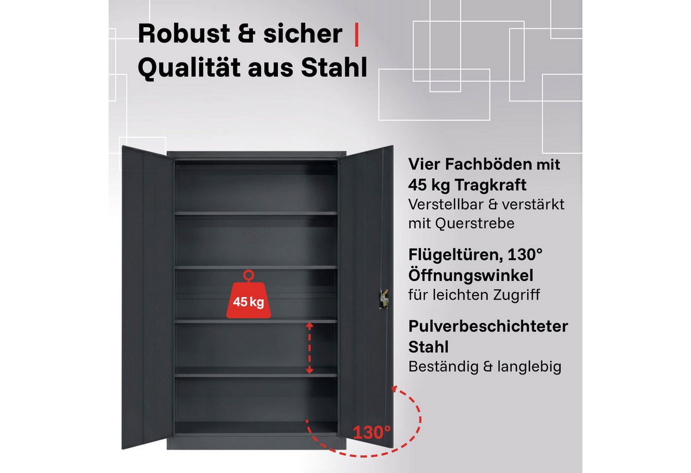 LagerZwei Aktenschrank Stahlschrank 140x90x40 cm (1-St) 3-fach verriegelt, 4 höhenverstellbare Böden, Flügeltüren 130° Bild 3