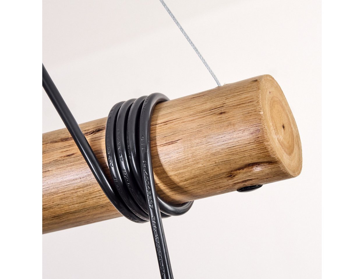 hofstein Pendelleuchte Hängelampe aus Metall/Holz/Glas in Schwarz/Natur-/Bernsteinfarben, ohne Leuchtmittel, Hängeleuchte Retro/Boho mit Glasschirmen und Holzbalken, 5 x E27