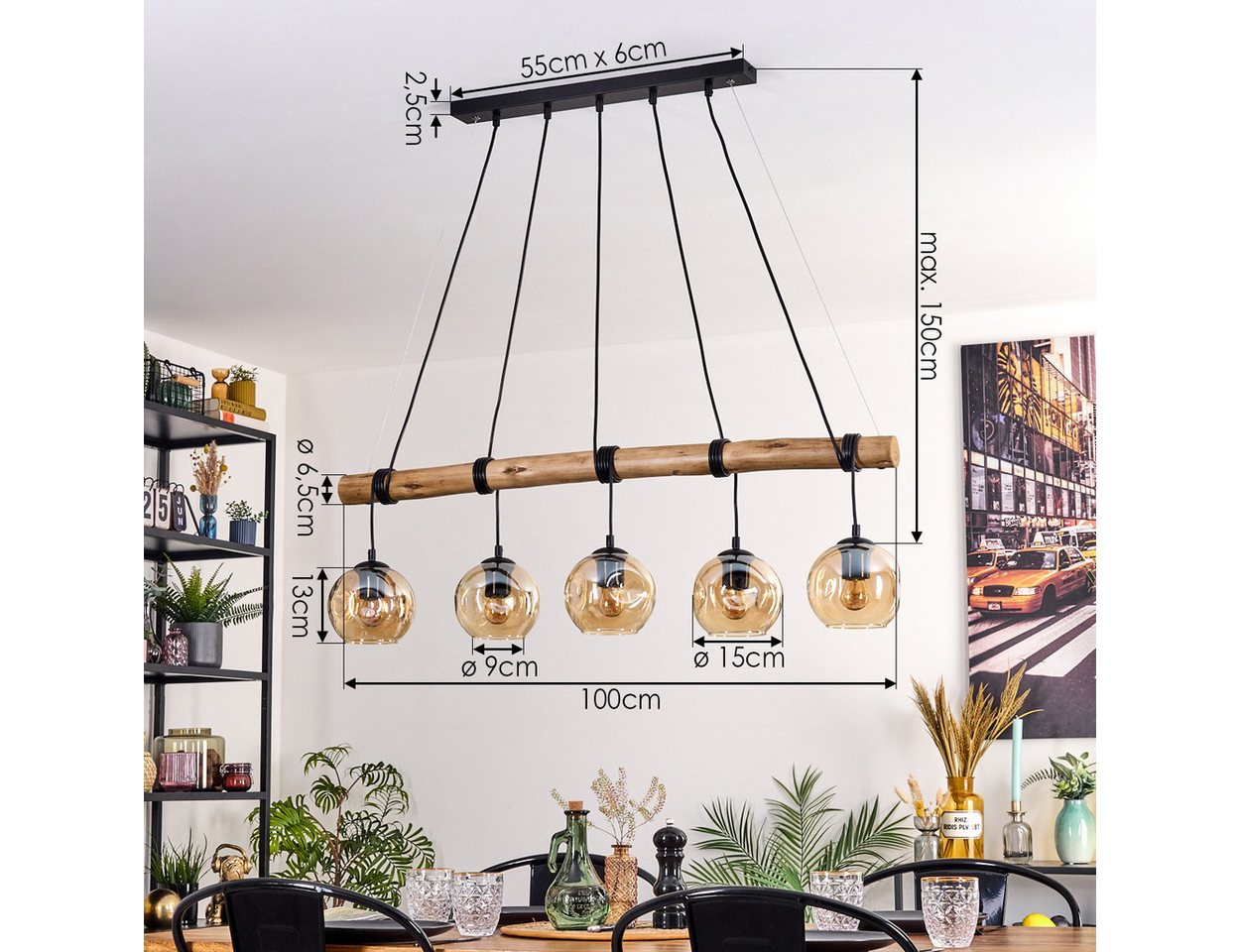 hofstein Pendelleuchte Hängelampe aus Metall/Holz/Glas in Schwarz/Natur-/Bernsteinfarben, ohne Leuchtmittel, Hängeleuchte Retro/Boho mit Glasschirmen und Holzbalken, 5 x E27 Bild 5