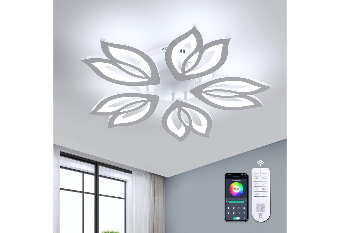 Riserva Deckenleuchten Magnolie Design LED Deckenleuchte Weiß 37W Dimmbar Fernbedienung, LED wechselbar Bild 5