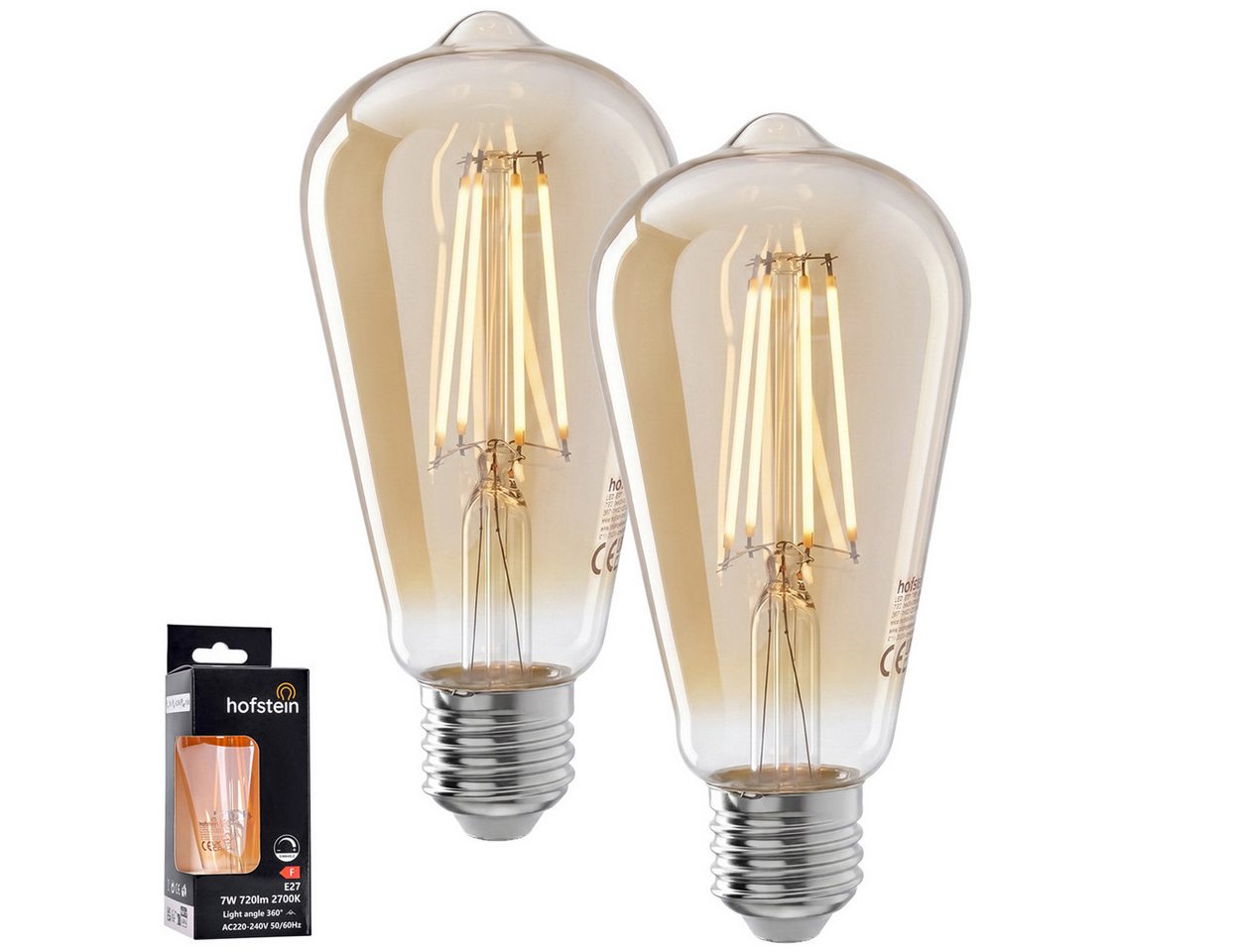 hofstein LED-Leuchtmittel 2er Set Glühbirne Warmweiß dimmbar 7 Watt, E27, 2700 Kelvin, 720 Lumen, Edison Vintage, Filament, Amber Bild 5