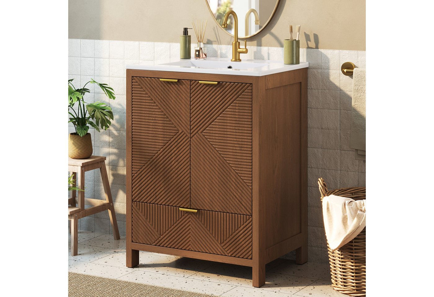 Flieks Waschtisch Waschbeckenunterschrank mit Waschbecken, Schubladen, Türregalen (61x47x87 cm, 1-St., bodenstehend Badschrank, Wellenmuster-Textur), Badezimmerschrank mit Soft-Close-Funktion Badmöbel Walnussholzfarbe