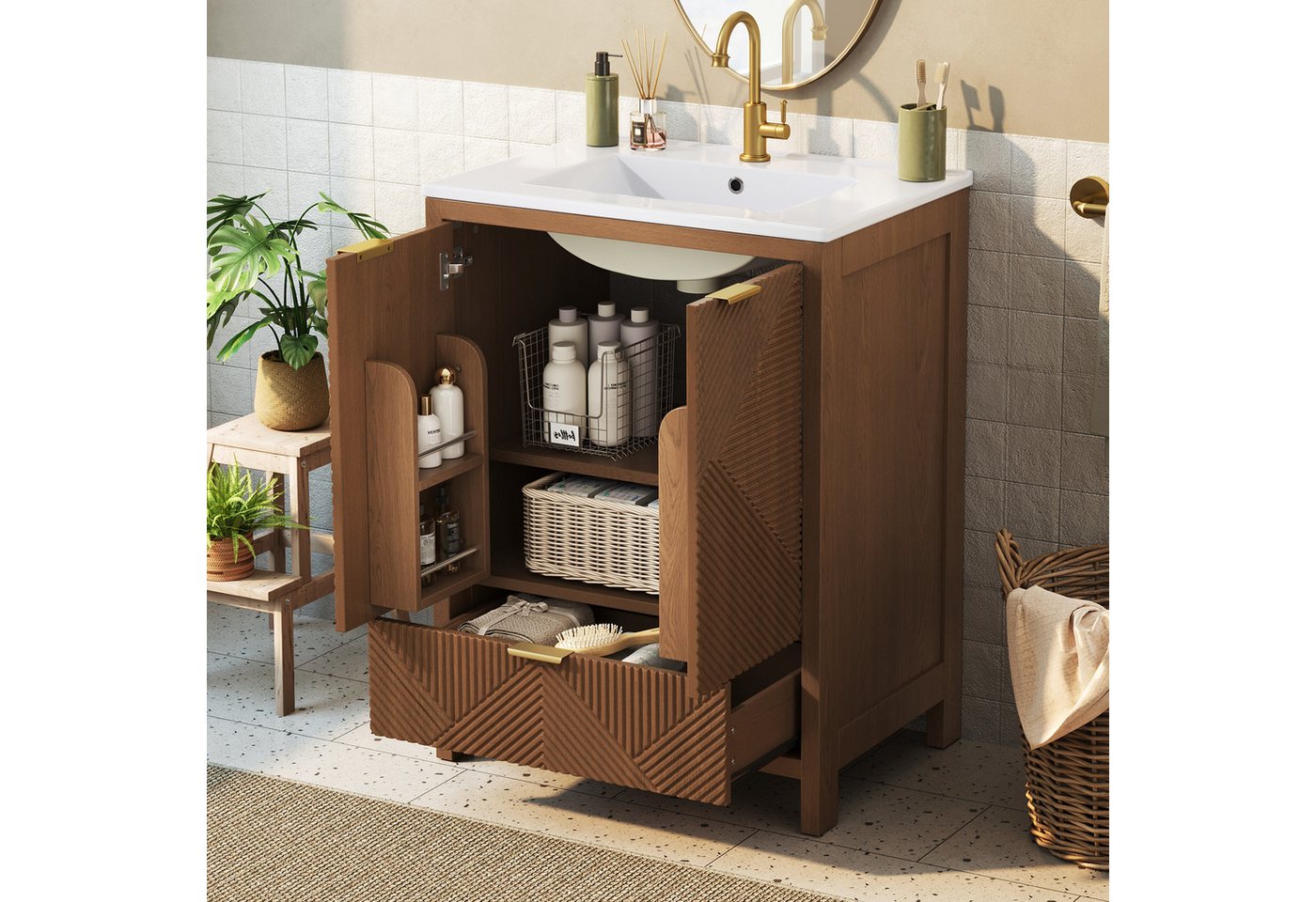 Flieks Waschtisch Waschbeckenunterschrank mit Waschbecken, Schubladen, Türregalen (61x47x87 cm, 1-St., bodenstehend Badschrank, Wellenmuster-Textur), Badezimmerschrank mit Soft-Close-Funktion Badmöbel Walnussholzfarbe Bild 2