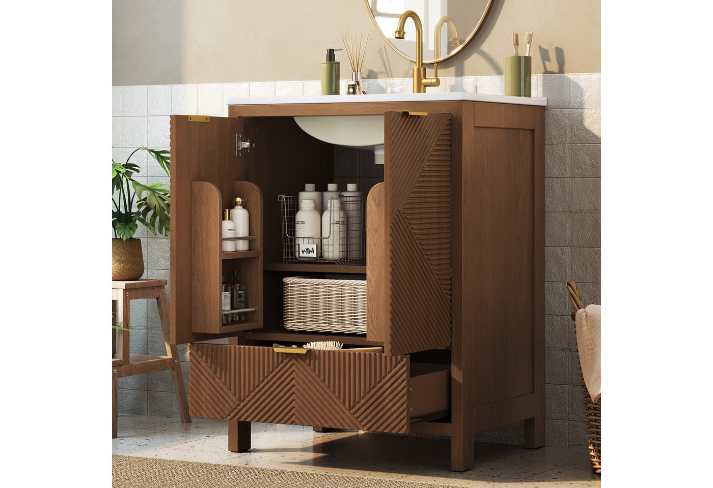 Flieks Waschtisch Waschbeckenunterschrank mit Waschbecken, Schubladen, Türregalen (61x47x87 cm, 1-St., bodenstehend Badschrank, Wellenmuster-Textur), Badezimmerschrank mit Soft-Close-Funktion Badmöbel Walnussholzfarbe Bild 3