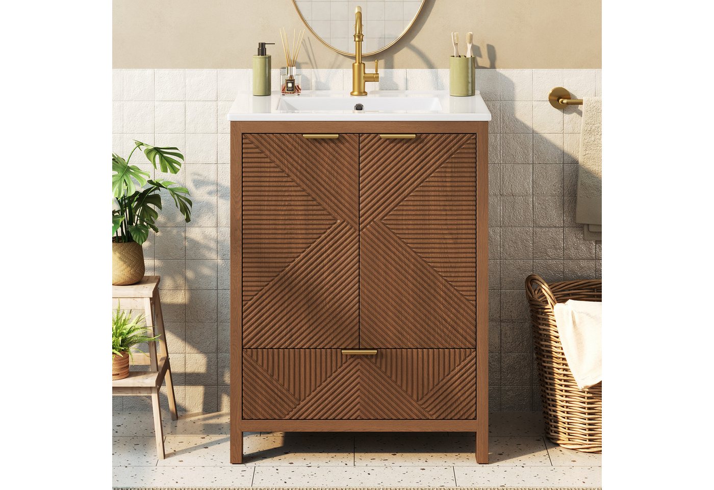 Flieks Waschtisch Waschbeckenunterschrank mit Waschbecken, Schubladen, Türregalen (61x47x87 cm, 1-St., bodenstehend Badschrank, Wellenmuster-Textur), Badezimmerschrank mit Soft-Close-Funktion Badmöbel Walnussholzfarbe Bild 5