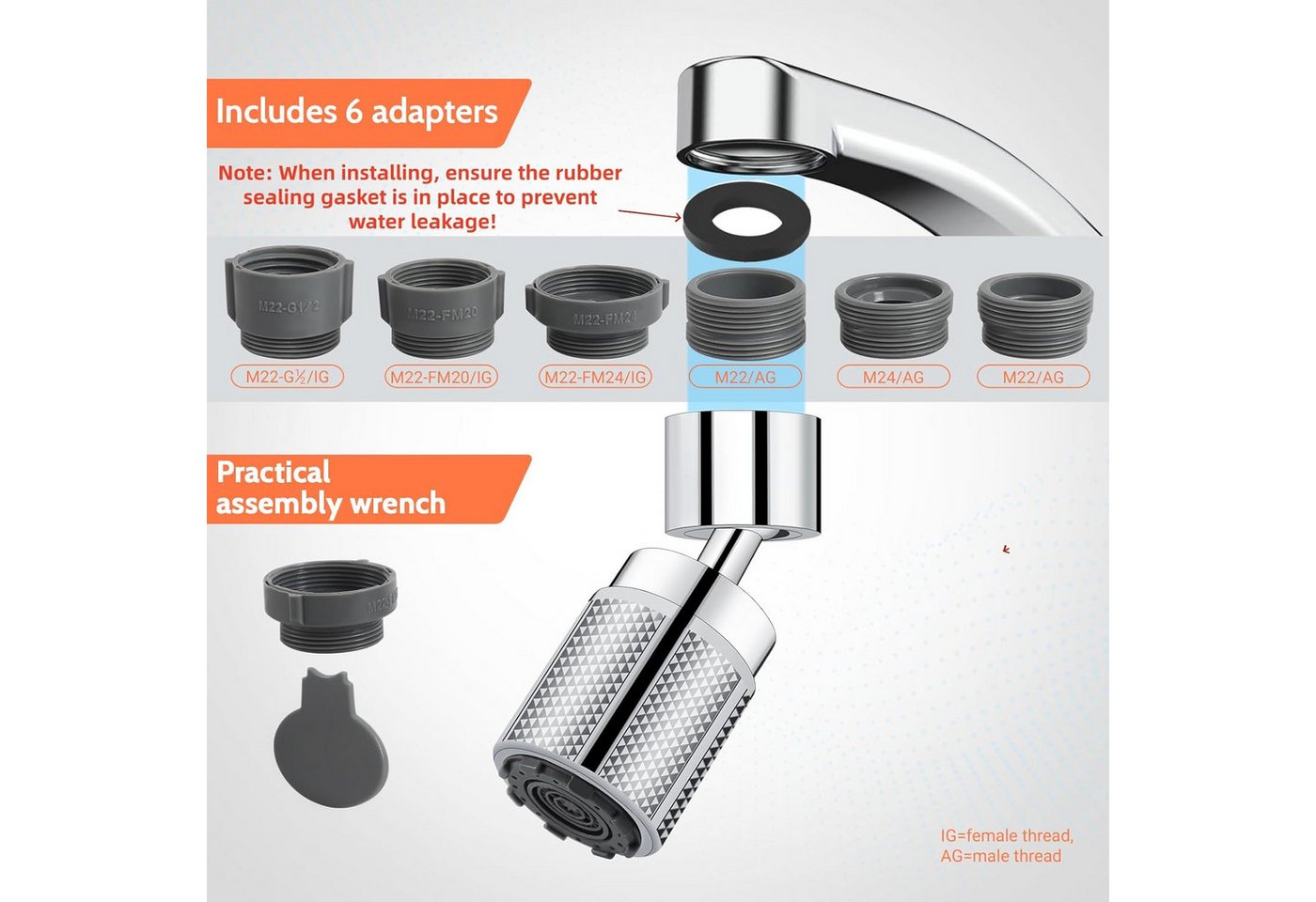 FELIXLEO Strahlregler Wasserhahnaufsatz 3 Strahlarten 6 Adapter Küche Bad, (1-tlg)