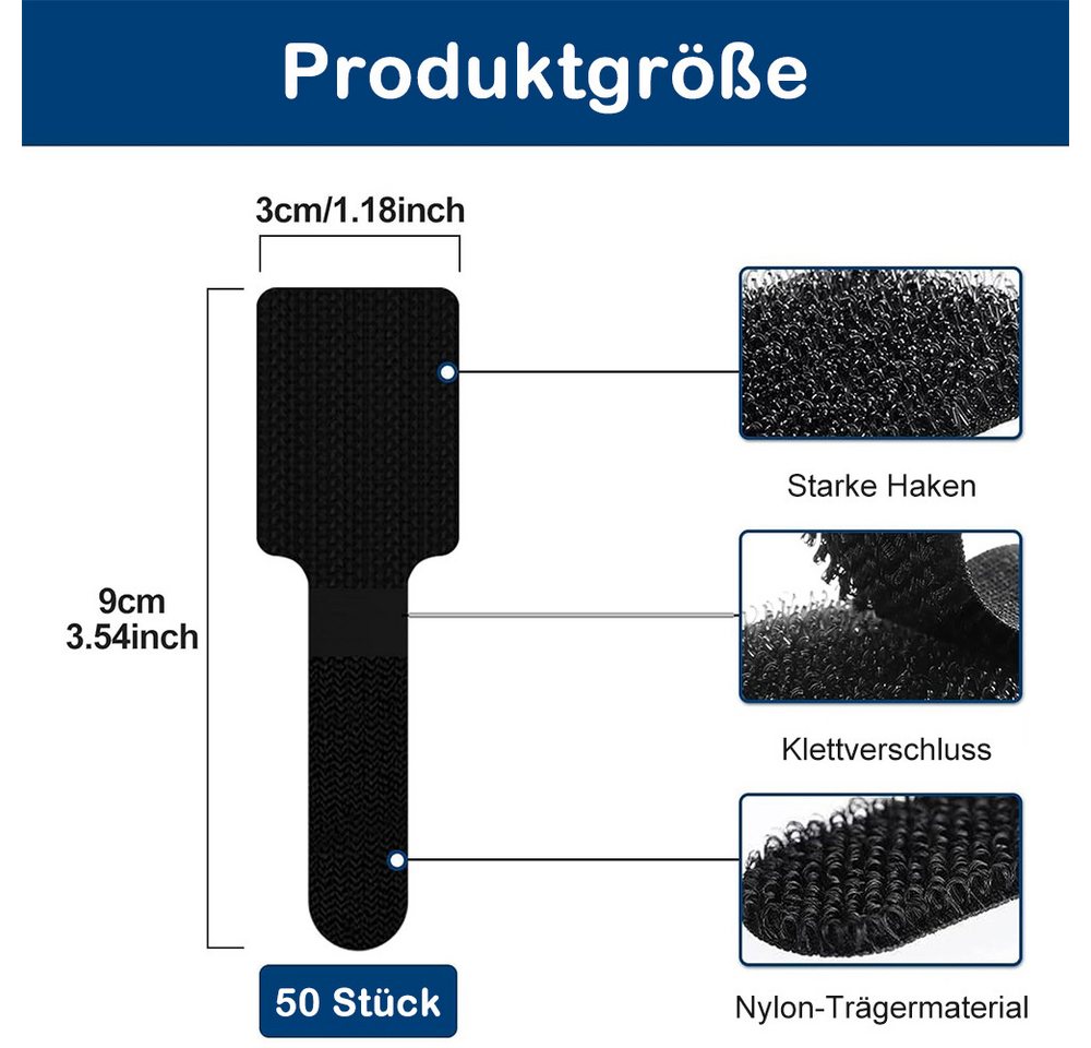 AFKSMILE Kabelbinder 50 Stück Kabelmanagement Schreibtisch, Kabelhalter Kabelklemmen Kabelbinder Selbstklebend Klettband Kabelclips für TV, Lichterkette