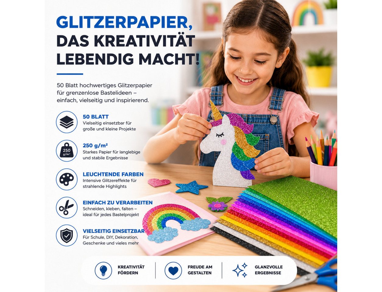 Organizabel Bastelkartonpapier 50x Buntes Glitzerpapier mit 250 g/m² - Format A4, Ideal zum Basteln, Glitzerstruktur Bild 3