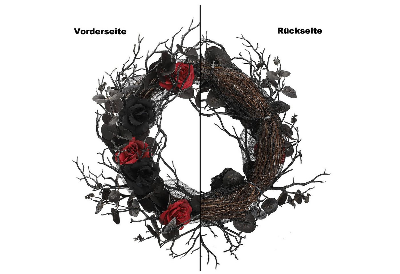 Coonoor Dekokranz Schwarzer Halloween-Türkranz mit Eukalyptusblättern und roten Rosen, Gotischer Halloween-Dekokranz aus schwarzen Eukalyptuszweigen