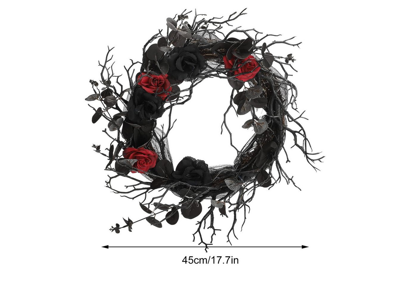 Coonoor Dekokranz Schwarzer Halloween-Türkranz mit Eukalyptusblättern und roten Rosen, Gotischer Halloween-Dekokranz aus schwarzen Eukalyptuszweigen Bild 3