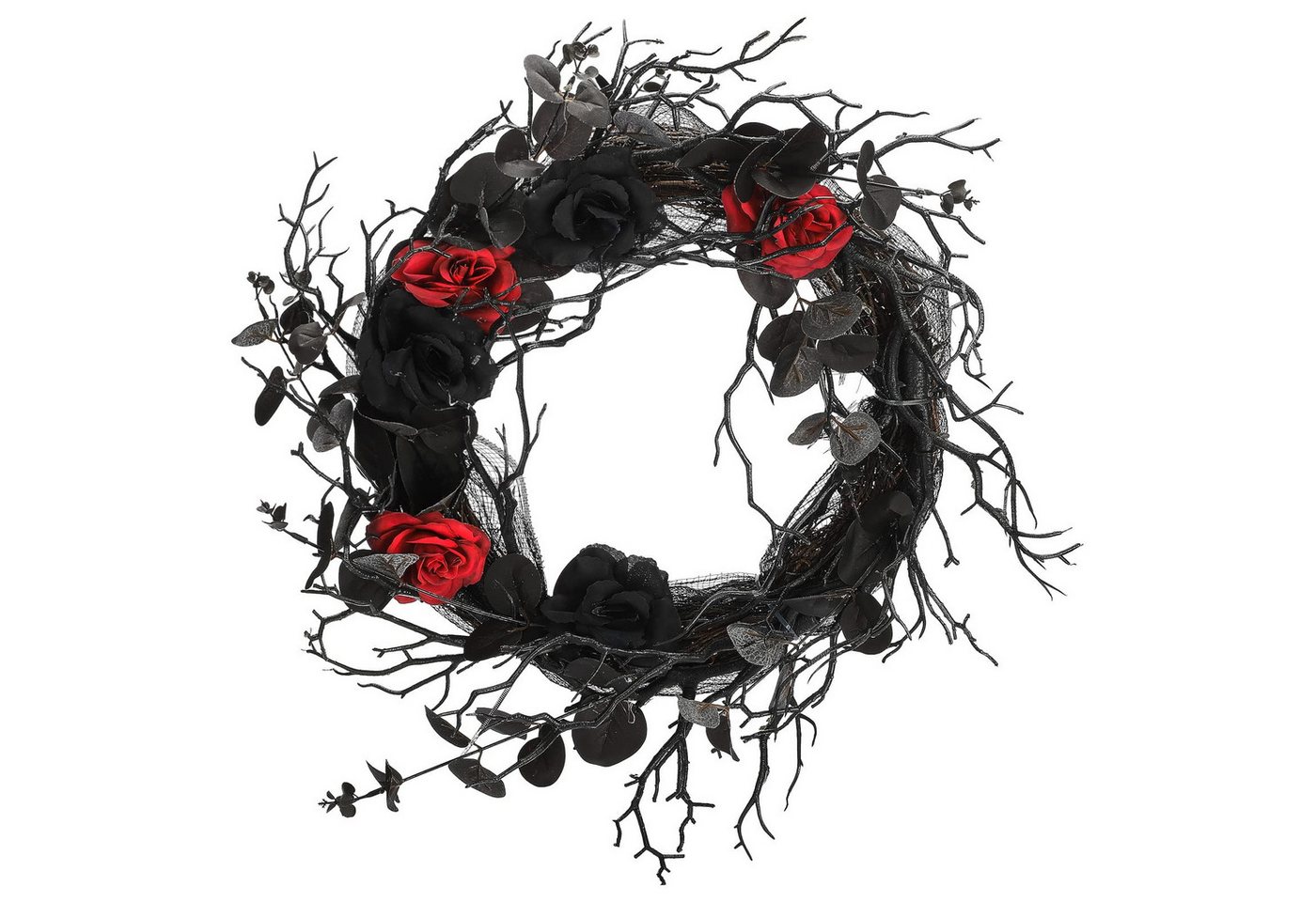 Coonoor Dekokranz Schwarzer Halloween-Türkranz mit Eukalyptusblättern und roten Rosen, Gotischer Halloween-Dekokranz aus schwarzen Eukalyptuszweigen Bild 4