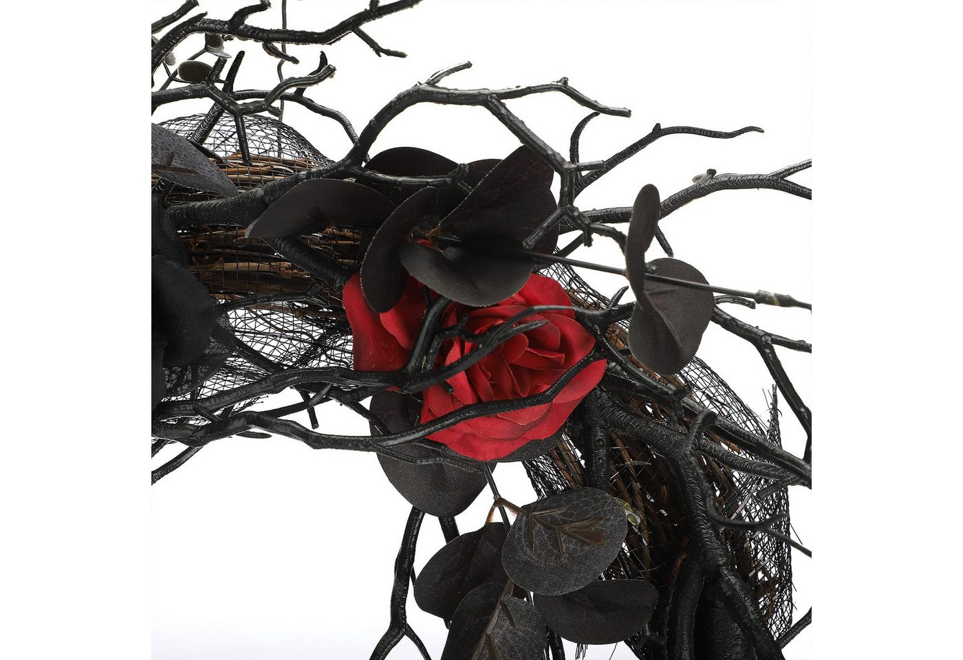 Coonoor Dekokranz Schwarzer Halloween-Türkranz mit Eukalyptusblättern und roten Rosen, Gotischer Halloween-Dekokranz aus schwarzen Eukalyptuszweigen Bild 5