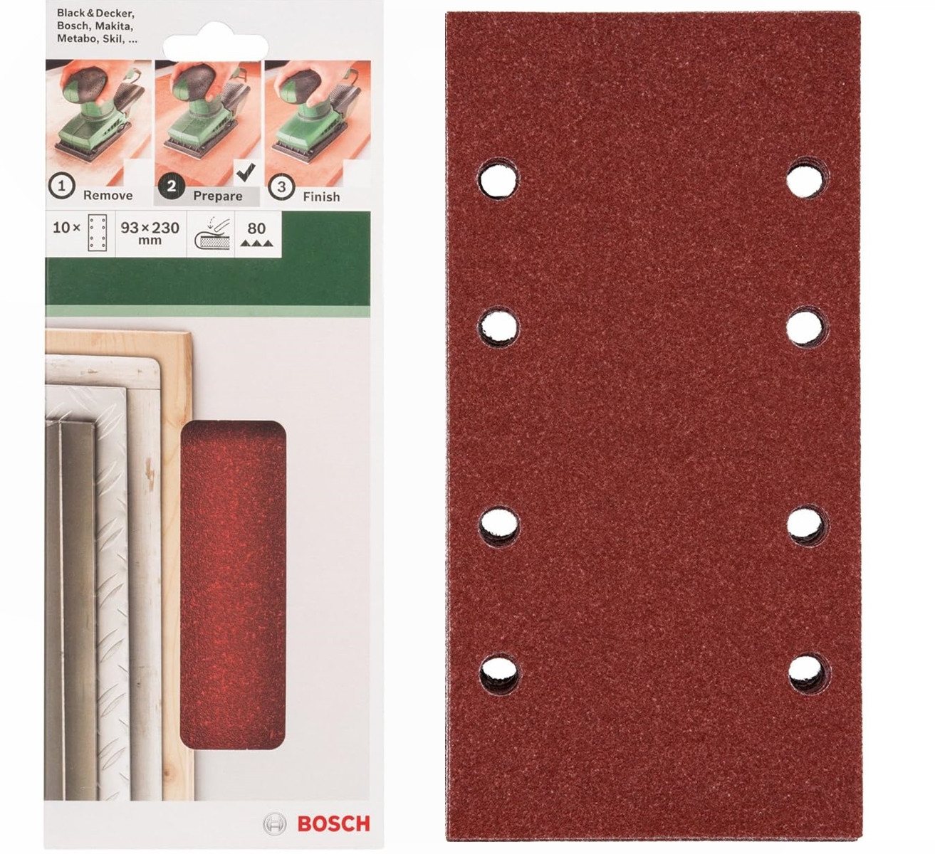 BOSCH Schleifpapier Schleifblatt Klett 10 x, 93 x 230 mm, Körnung 80 für Schwingschleifer