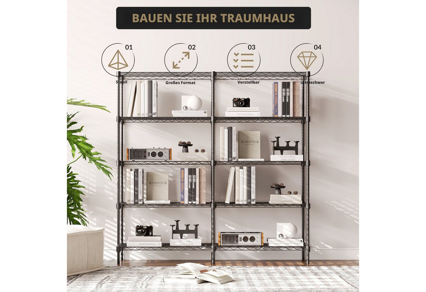 GarveeMore Schwerlastregal aus Stahl mit 5 Ebenen, höhenverstellbar, pulverbeschichtet, 150x35x150 cm, schwarz, für Werkstatt, Keller, Garage, Küche Bild 2