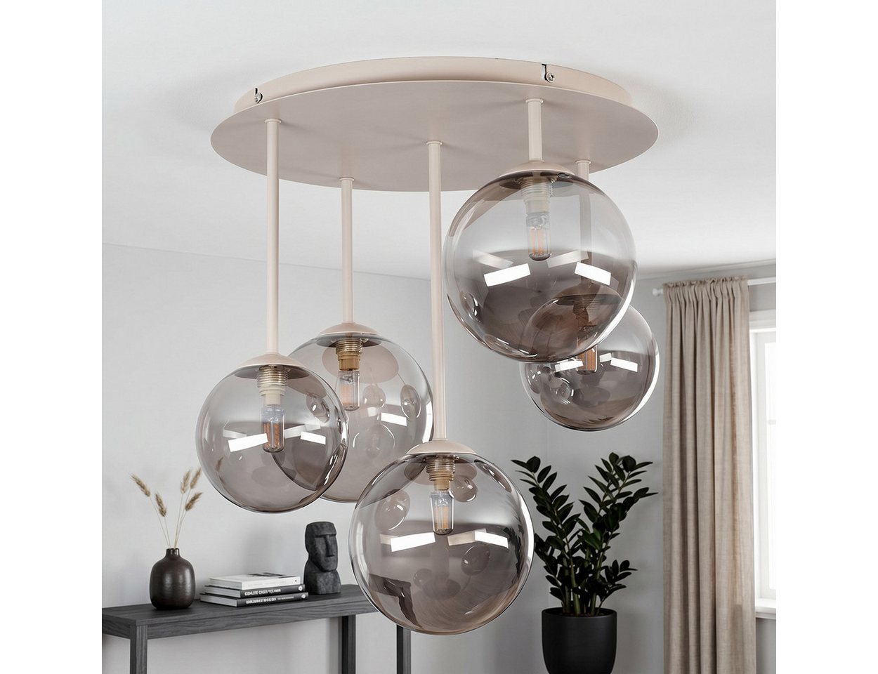 hofstein Deckenleuchte Deckenlampe aus Metall/Glas in Sandfarben/Weiß/Rauchfarben, moderne Deckenleuchte im Retro/Vintage-Design, 5 x G9