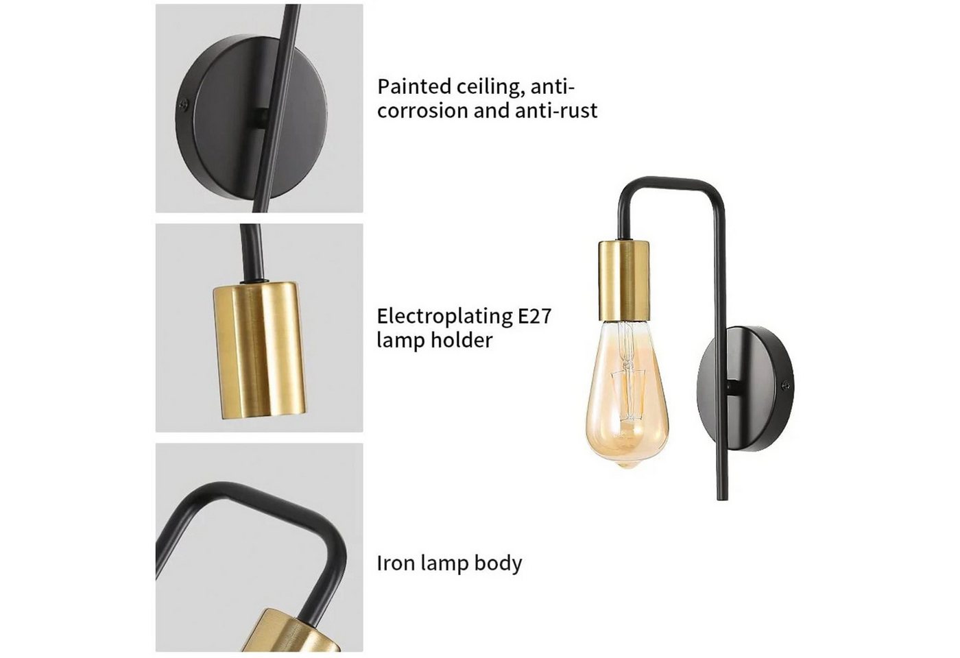 Riserva LED Deckenleuchte Industriell-vintage U-förmige Wandlampe Schwarz-Gold 2er-Set E27 Bild 2