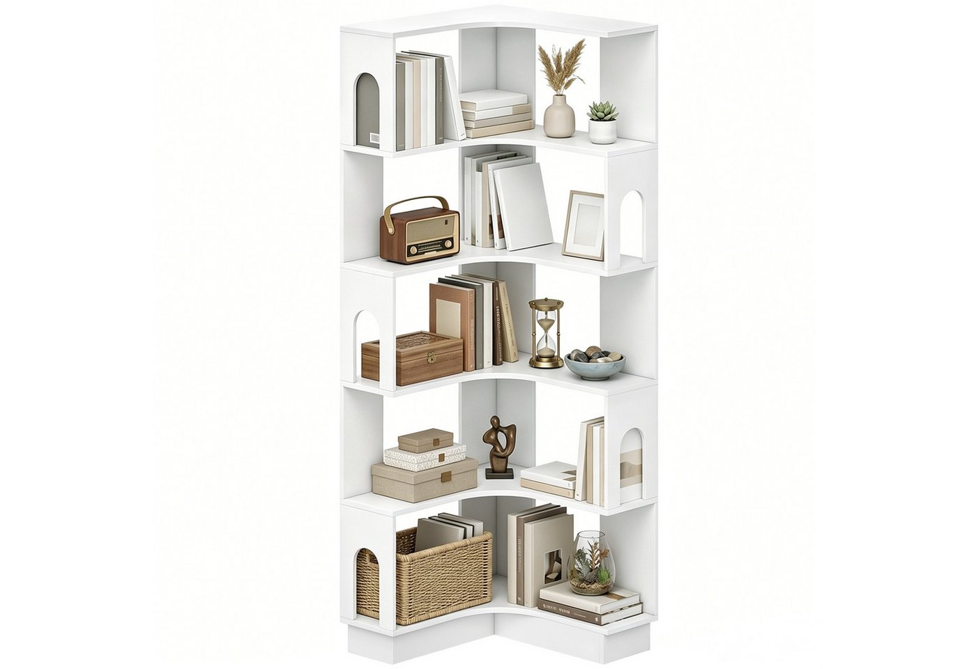 MC Star Bücherregal Eckregal, 6-stufige Ablage mit gebogenen Seitenwänden, 60 x 60 x 165,5 cm, weiß