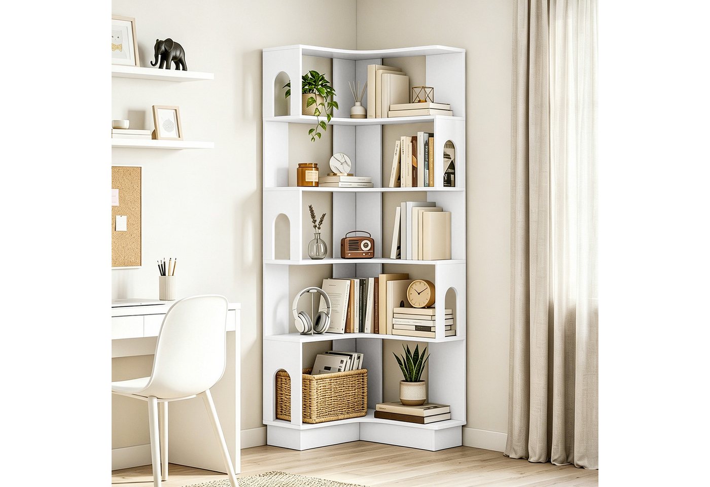 MC Star Bücherregal Eckregal, 6-stufige Ablage mit gebogenen Seitenwänden, 60 x 60 x 165,5 cm, weiß Bild 2