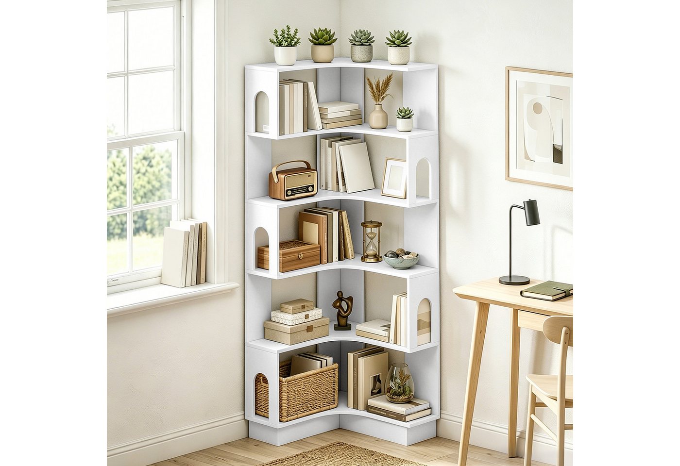 MC Star Bücherregal Eckregal, 6-stufige Ablage mit gebogenen Seitenwänden, 60 x 60 x 165,5 cm, weiß Bild 3