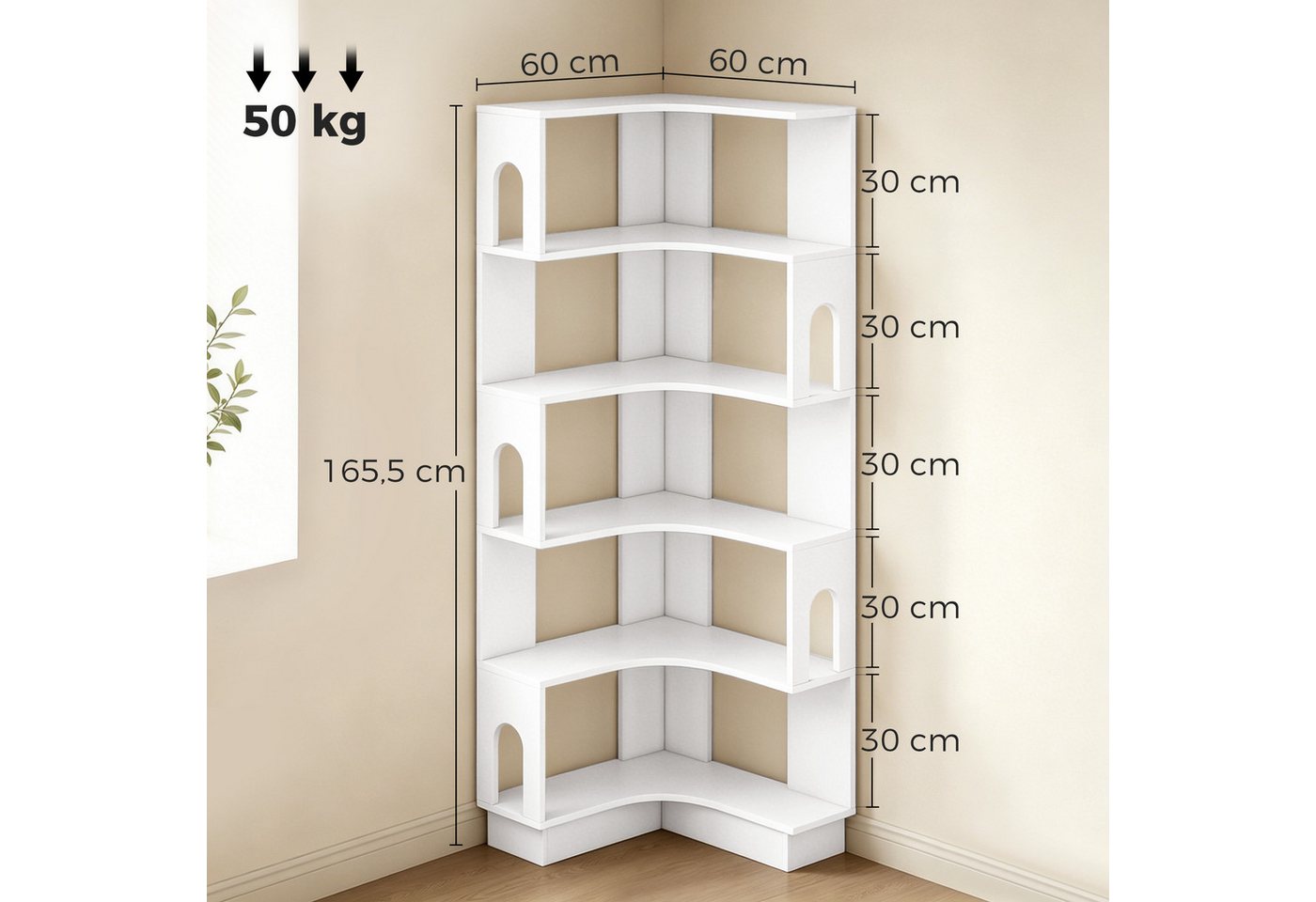 MC Star Bücherregal Eckregal, 6-stufige Ablage mit gebogenen Seitenwänden, 60 x 60 x 165,5 cm, weiß Bild 5
