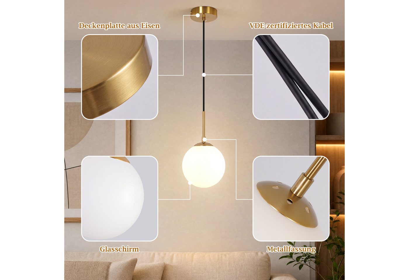 Nettlife Pendelleuchte 1/2/3flammig G9 Glas Kugel gold modern Hängeleuchte Esstisch, ohne Leuchtmittel, für Esszimmer Wohnzimmer Küche Schlafzimmer