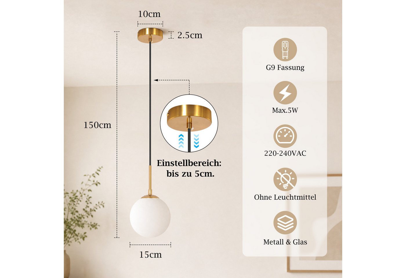 Nettlife Pendelleuchte 1/2/3flammig G9 Glas Kugel gold modern Hängeleuchte Esstisch, ohne Leuchtmittel, für Esszimmer Wohnzimmer Küche Schlafzimmer Bild 5