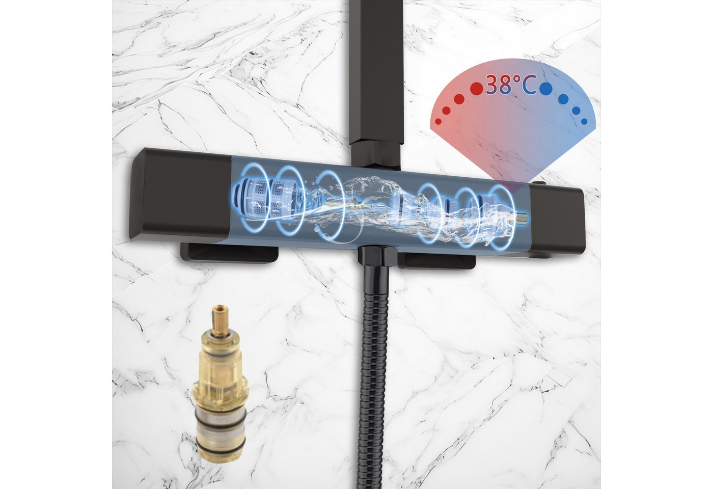 Aica Sanitär Duschsystem Thermostat Duscharmatur Regendusche Duschset mit Handbrause Massage, Set, Brauseschlauch mit Verdrehschutz