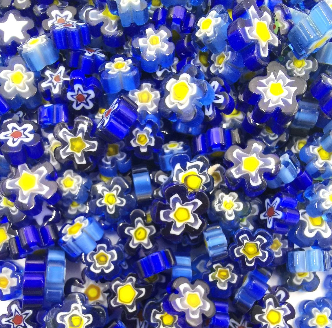 Armena Mosaikfliesen Blütenform Millefiori Glas Mosaiksteine gemischt 7-10mm 100g c.a110st., blau