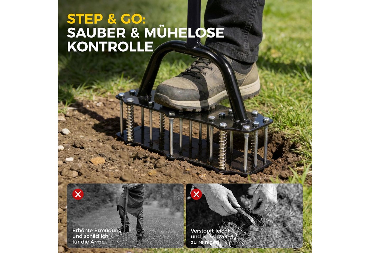 Fyrove Vertikutierer Rasenlüfter Vertikutierer und Aerifizierer für die Rasenbelüftung, (Innovative Aerifiziergabel Langstielige Boden Aerifiziergabel, Hochwertiges Gartengerät zum Belüften und Auflockern des Rasens), 15 Power-Spikes für kraftsparend Bedienung Im Stehen Bild 2