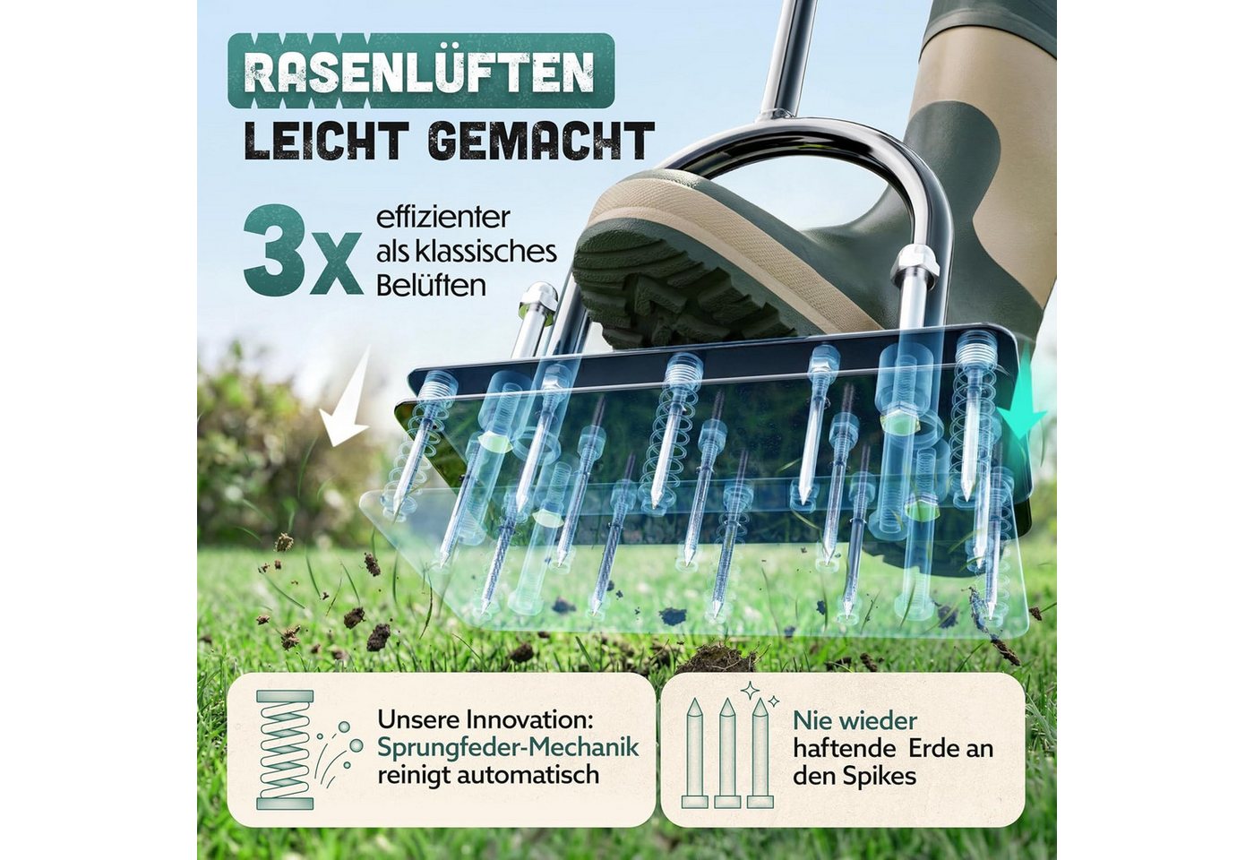 Fyrove Vertikutierer Rasenlüfter Vertikutierer und Aerifizierer für die Rasenbelüftung, (Innovative Aerifiziergabel Langstielige Boden Aerifiziergabel, Hochwertiges Gartengerät zum Belüften und Auflockern des Rasens), 15 Power-Spikes für kraftsparend Bedienung Im Stehen Bild 4