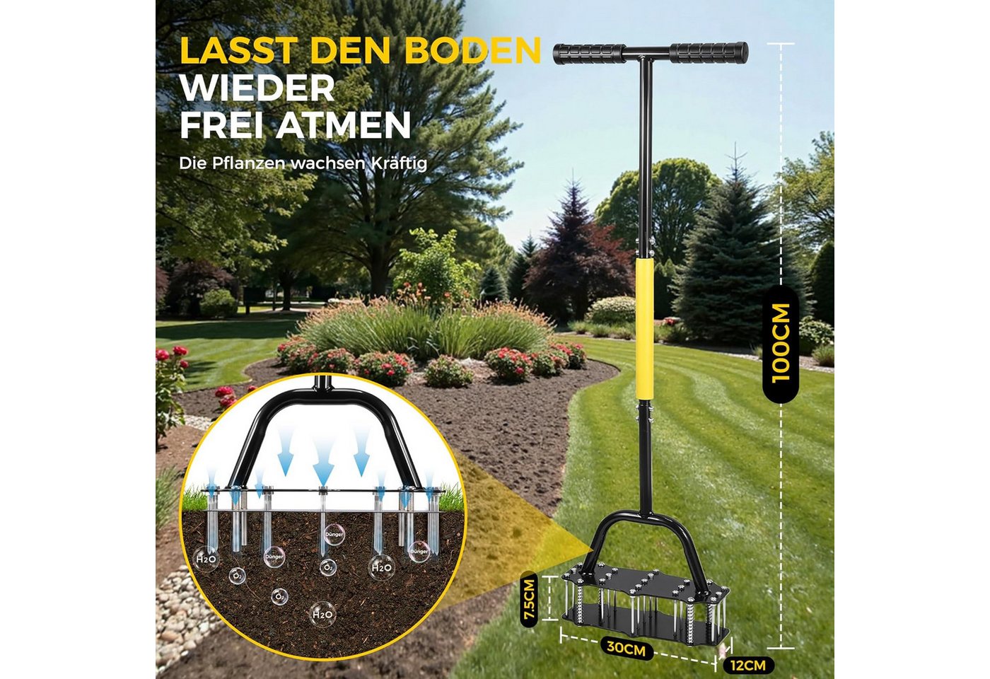 Fyrove Vertikutierer Rasenlüfter Vertikutierer und Aerifizierer für die Rasenbelüftung, (Innovative Aerifiziergabel Langstielige Boden Aerifiziergabel, Hochwertiges Gartengerät zum Belüften und Auflockern des Rasens), 15 Power-Spikes für kraftsparend Bedienung Im Stehen Bild 5