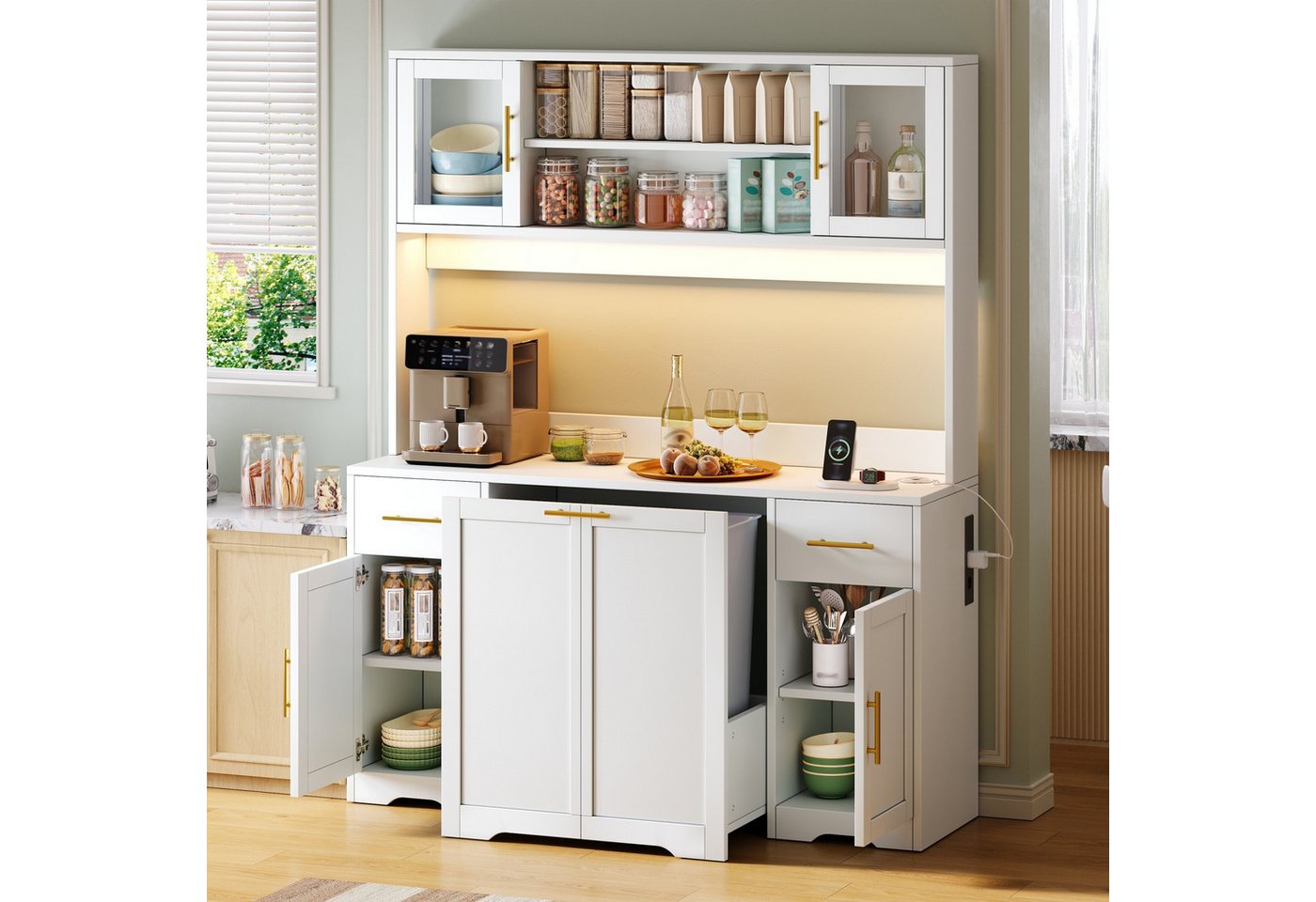 Flieks Küchenbuffet Hochschrank mit Arbeitsplatte, Steckdosen, ausziehbaren Abfalleimern (B140/T40/H173 cm, 1-St) Mehrzweckschrank mit doppeltem Müllfach, verstellbarer Einlegeböden