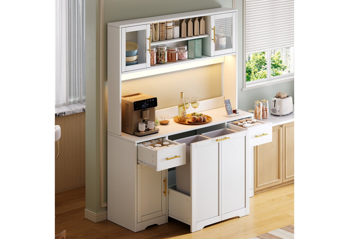 Flieks Küchenbuffet Hochschrank mit Arbeitsplatte, Steckdosen, ausziehbaren Abfalleimern (B140/T40/H173 cm, 1-St) Mehrzweckschrank mit doppeltem Müllfach, verstellbarer Einlegeböden Bild 2