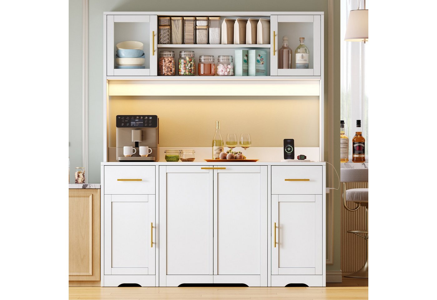 Flieks Küchenbuffet Hochschrank mit Arbeitsplatte, Steckdosen, ausziehbaren Abfalleimern (B140/T40/H173 cm, 1-St) Mehrzweckschrank mit doppeltem Müllfach, verstellbarer Einlegeböden Bild 3