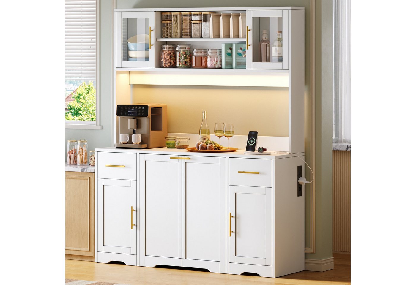 Flieks Küchenbuffet Hochschrank mit Arbeitsplatte, Steckdosen, ausziehbaren Abfalleimern (B140/T40/H173 cm, 1-St) Mehrzweckschrank mit doppeltem Müllfach, verstellbarer Einlegeböden Bild 4
