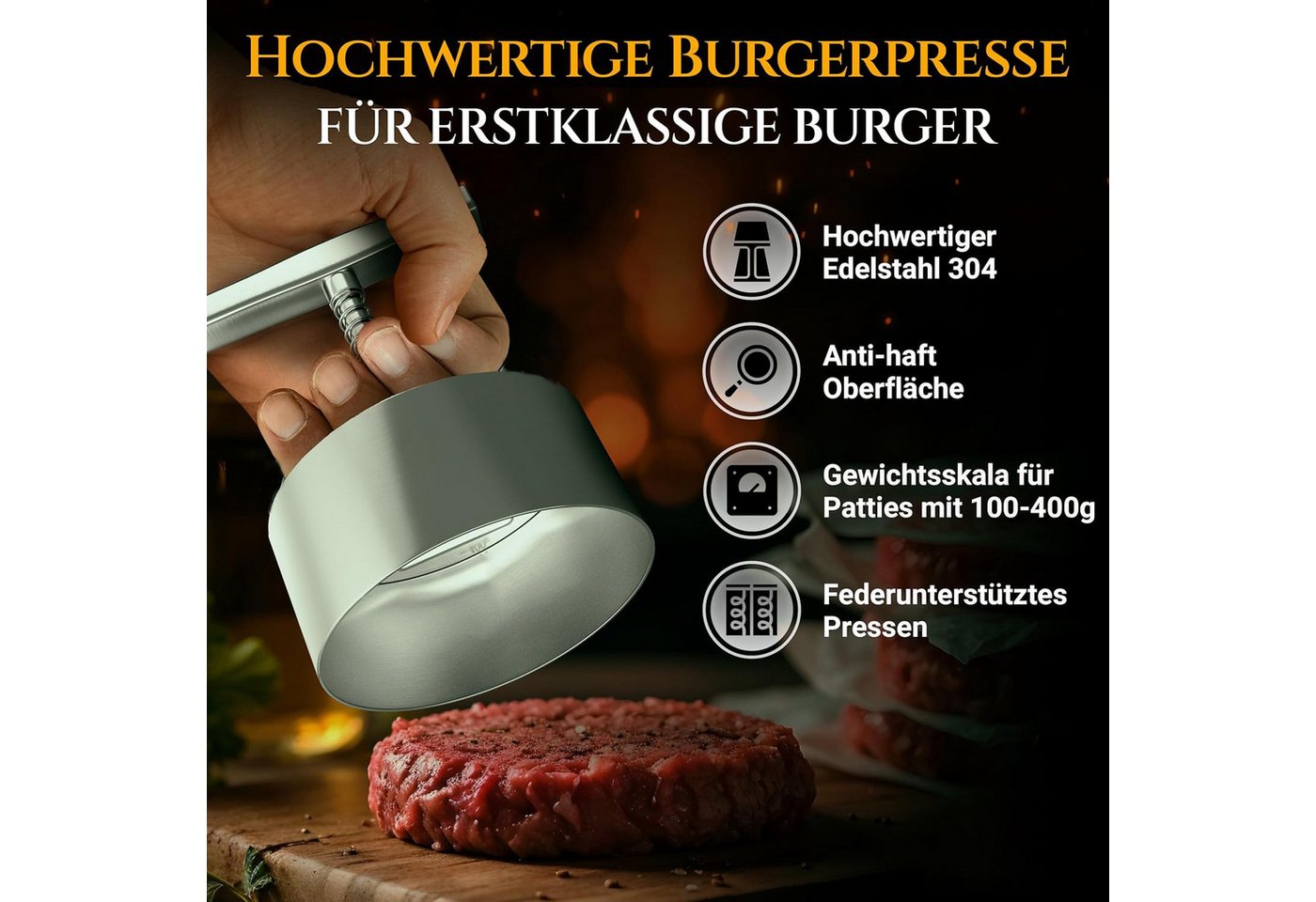 Fyrove Burgerpresse Edelstahl Burger Presse, Verstellbarer Hamburger Patty Maker 12cm, Edelstahl, Robuste Antihaft-Patty-Form für Rindfleisch, Fleisch, BBQ, Partygrill Bild 4