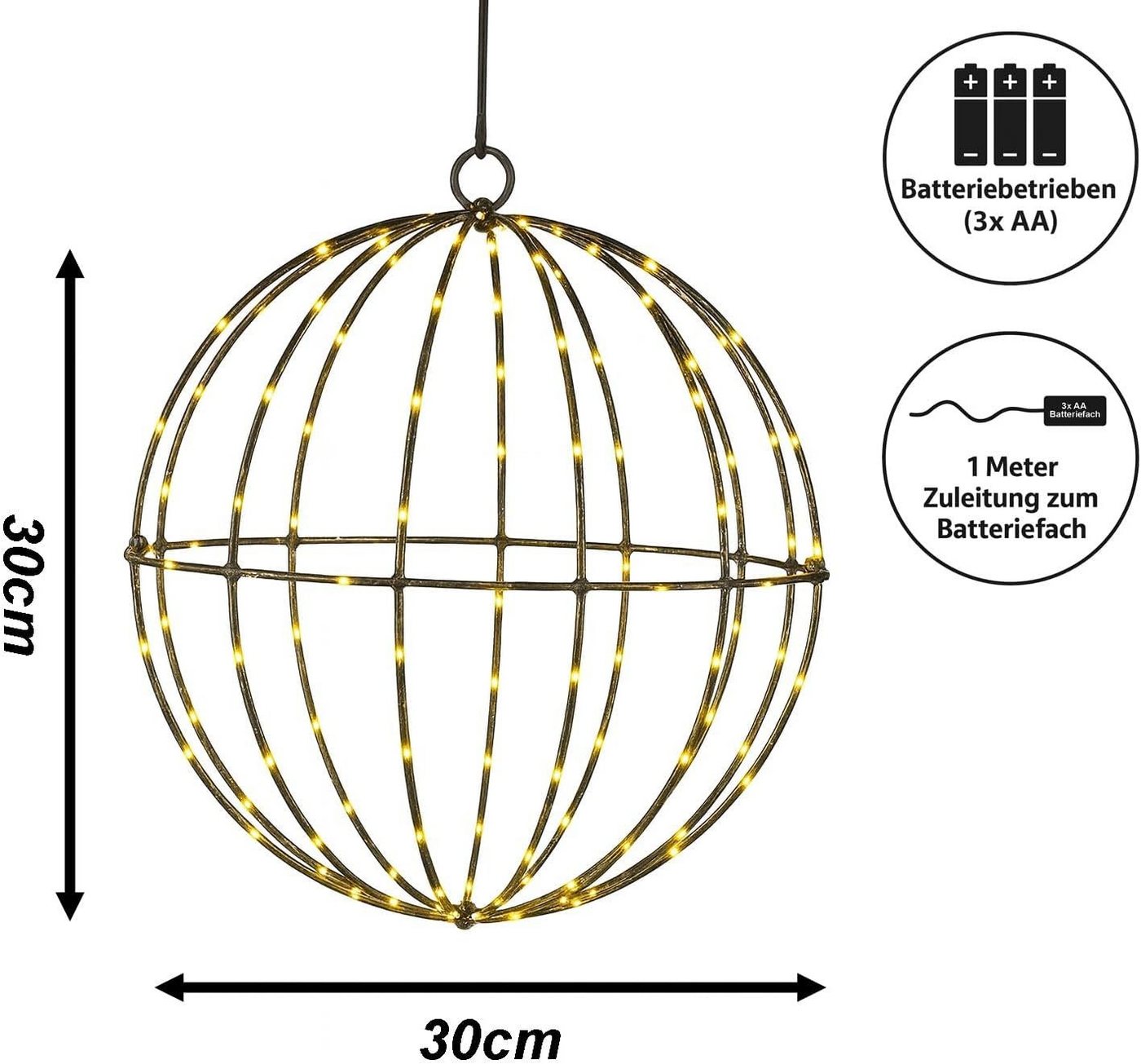 mucHome LED Kugelleuchte LED Metall Lichterkugel Ø20 cm, 100 warmweiße LEDs mit Timer, Batterie Bild 3