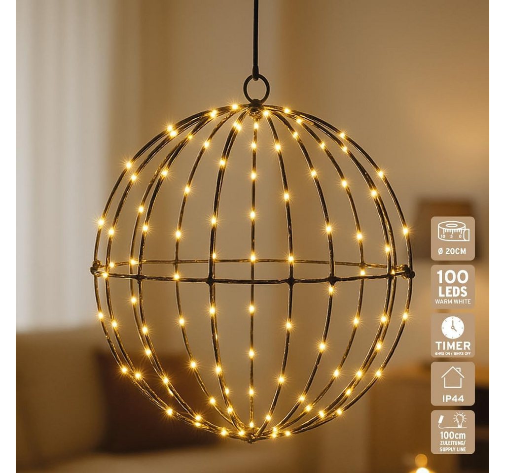 mucHome LED Kugelleuchte LED Metall Lichterkugel Ø20 cm, 100 warmweiße LEDs mit Timer, Batterie Bild 4