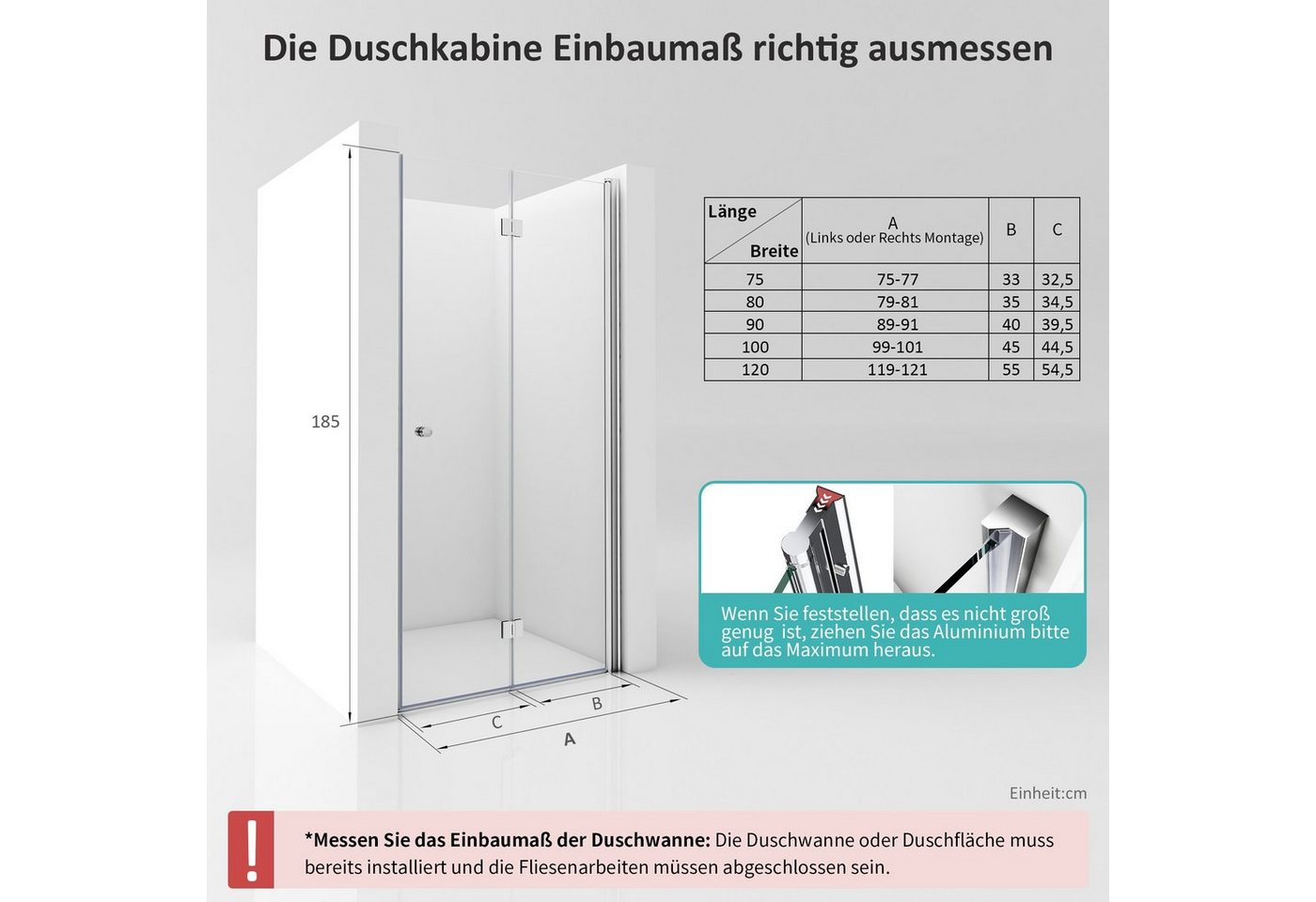 Boromal Dusch-Drehtür Nischentür Dusche 70-120cm Duschtür Faltbar Nische Glastür, 75x185 cm, Sicherheitsglas, 6mm ESG Glas Duschwand Duschabtrennung Bild 5