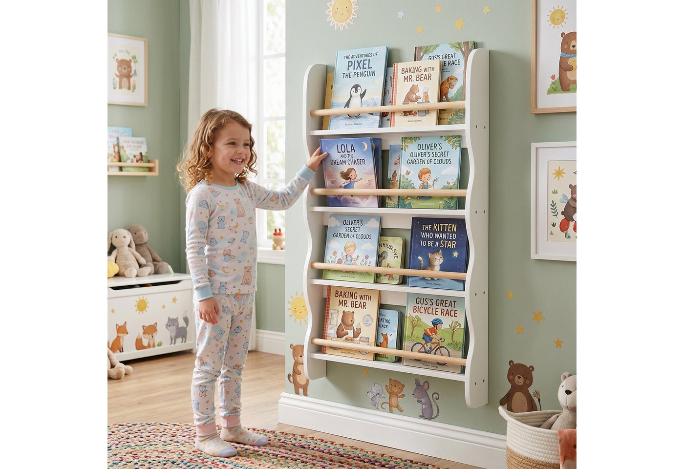 AIYAPLAY Kinderregal mit 4 Regal, Wandregal mit Kippschutz Montessori Platzsparend, Spielzeugregal 1-tlg., 60 x 10 x 98 cm, Weiß Bild 2