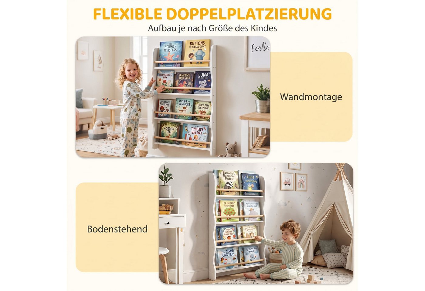 AIYAPLAY Kinderregal mit 4 Regal, Wandregal mit Kippschutz Montessori Platzsparend, Spielzeugregal 1-tlg., 60 x 10 x 98 cm, Weiß Bild 3