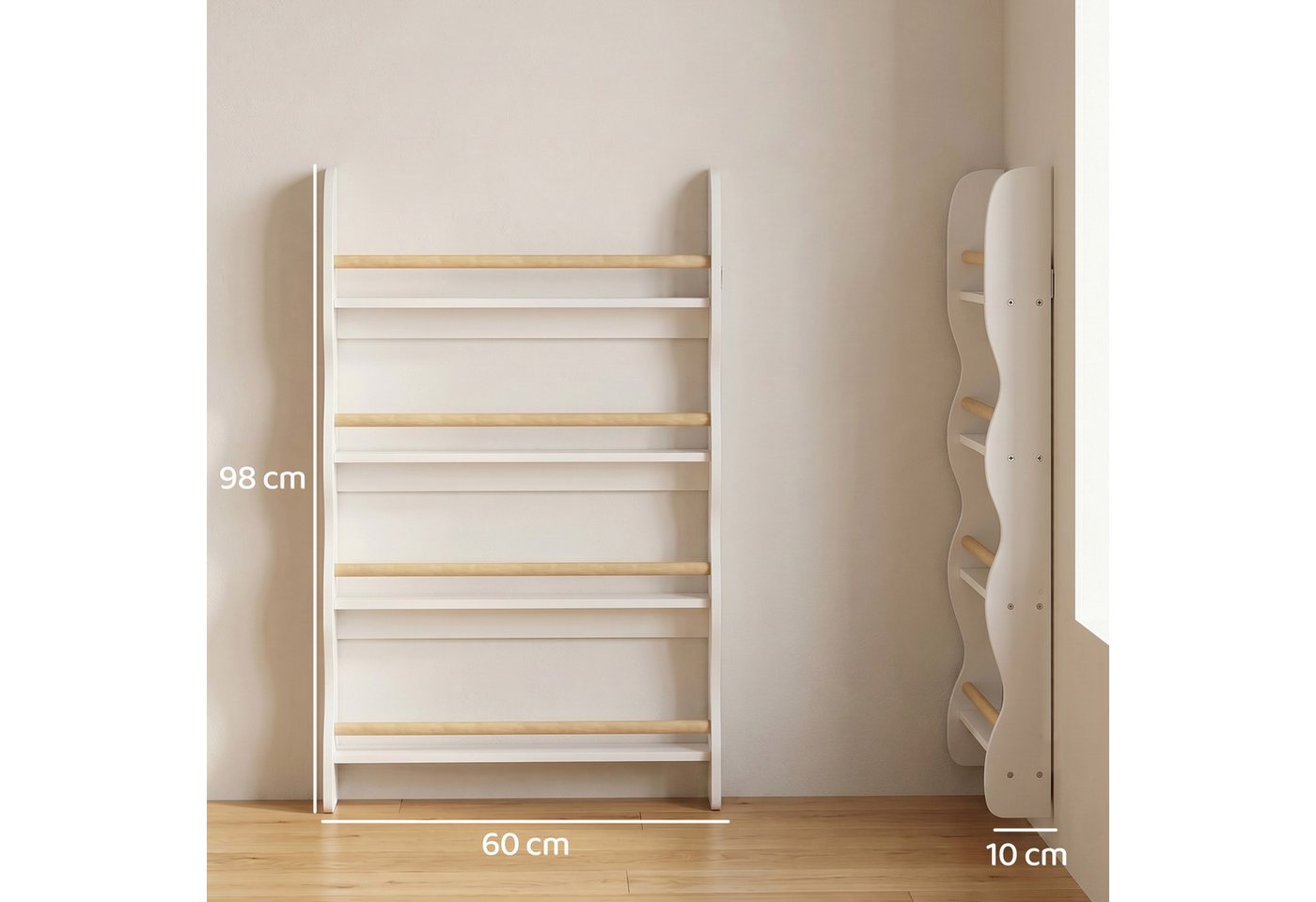 AIYAPLAY Kinderregal mit 4 Regal, Wandregal mit Kippschutz Montessori Platzsparend, Spielzeugregal 1-tlg., 60 x 10 x 98 cm, Weiß Bild 5