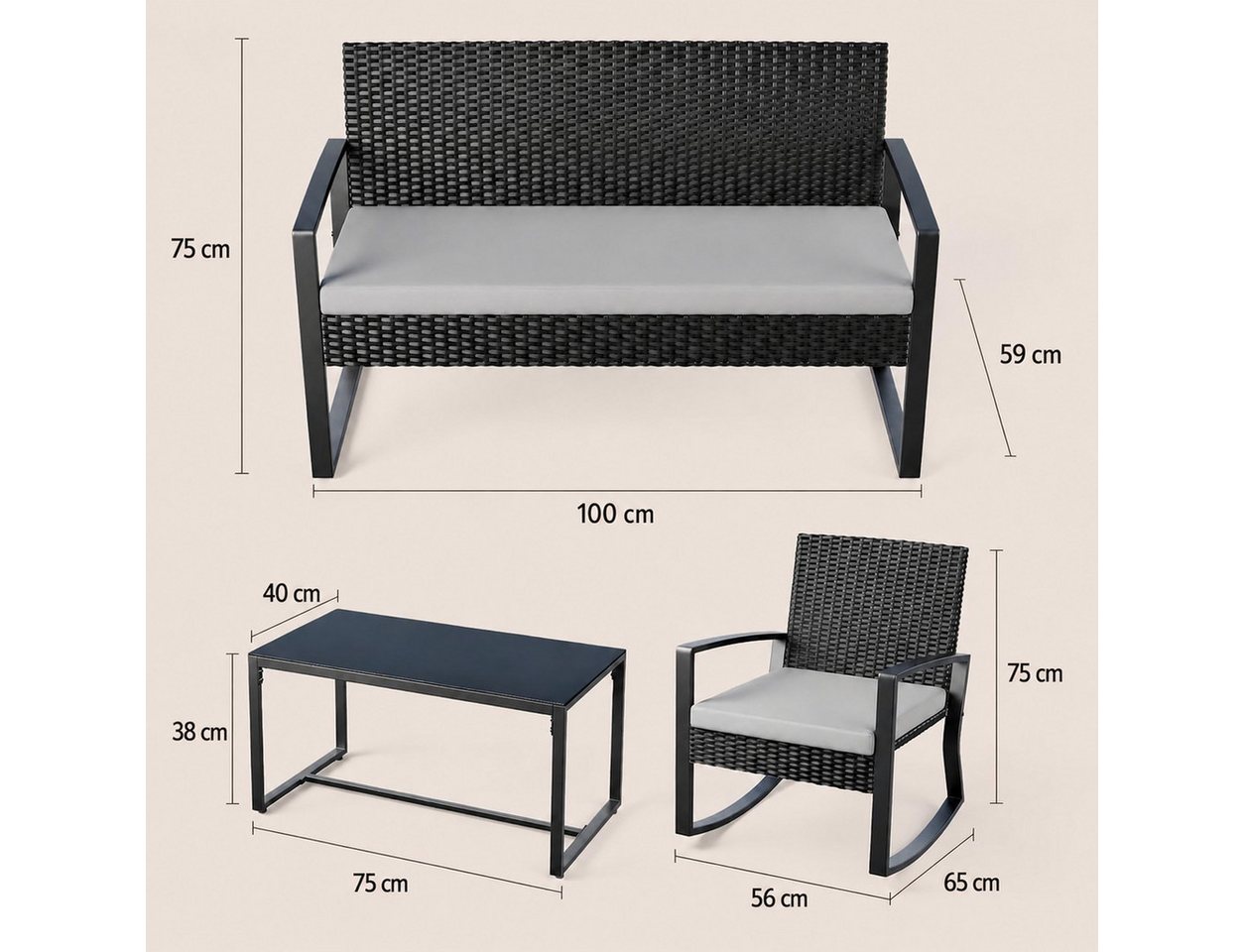 Blishom Balkonset 4-tlg. Gartenmöbel Set mit Schaukelstühlen & Glastisch Bild 5