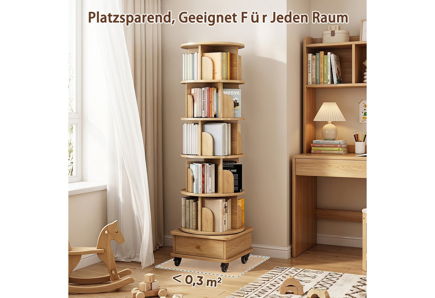 Yorbay Bücherregal 6 Ebenen 360 Grad drehbar, mit Schublade und Rollen 98 kg