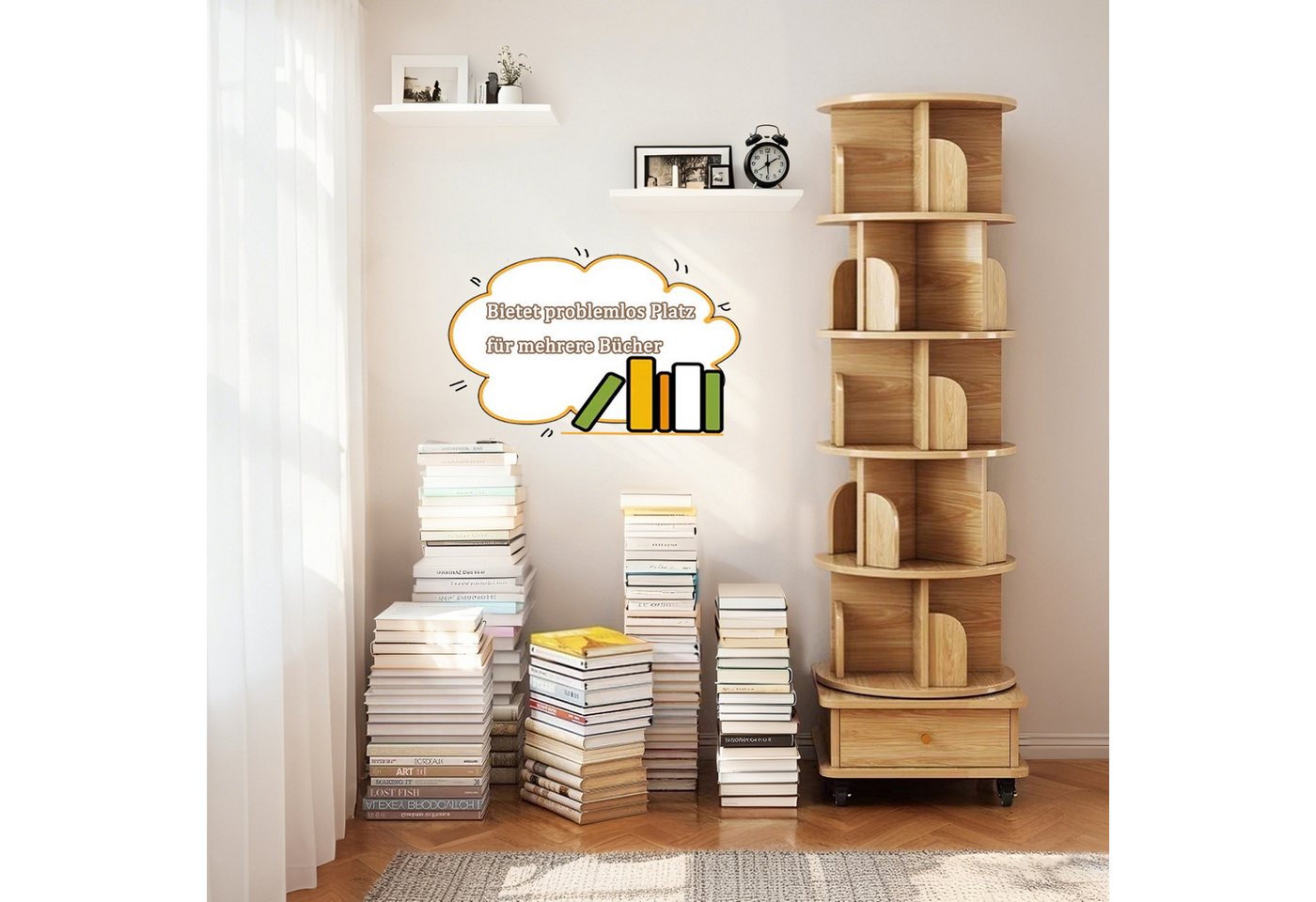 Yorbay Bücherregal 6 Ebenen 360 Grad drehbar, mit Schublade und Rollen 98 kg Bild 2