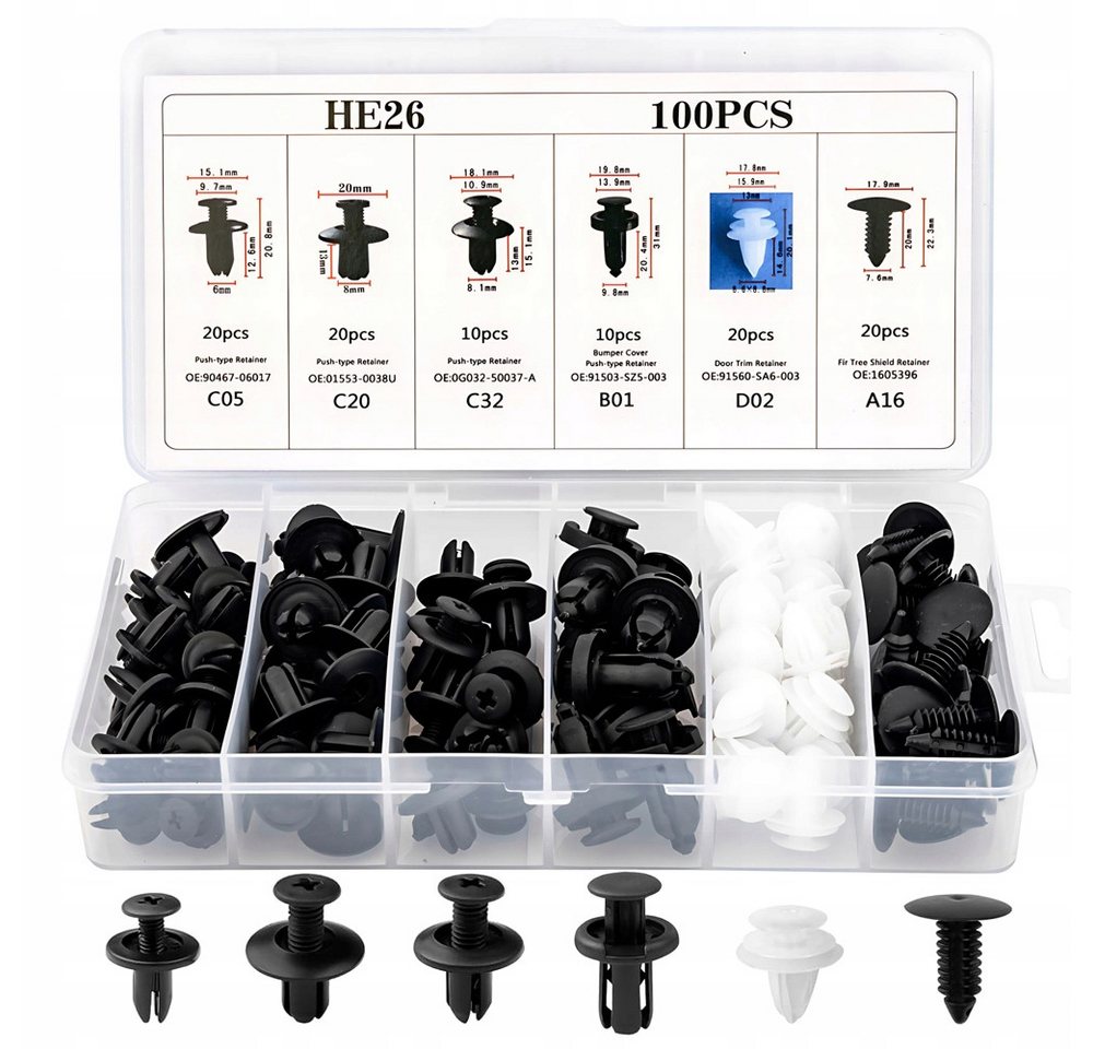 VERK GROUP Armaturen-Befestigungselement 100x Auto Befestigungsclips Set Kunststoff Nieten Bolzen Schwarz, (Set, 100-St), Organizerbox, universell einsetzbar