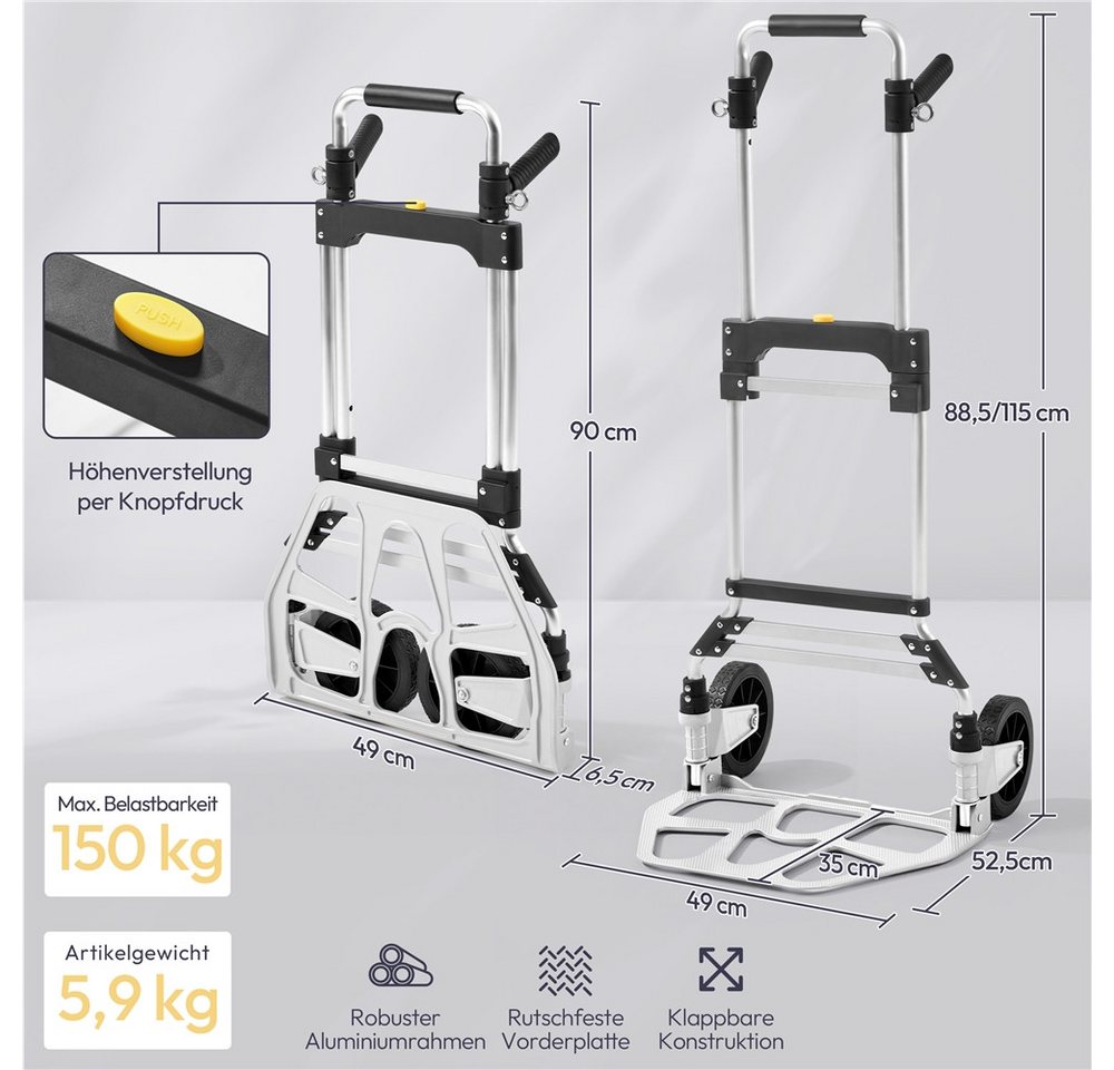 Yaheetech Sackkarre Klappbare Transportkarre aus Aluminium, Höhenverstellbar 88,5 cm – 115 cm für Einkauf/Umzug/Garten Bild 2