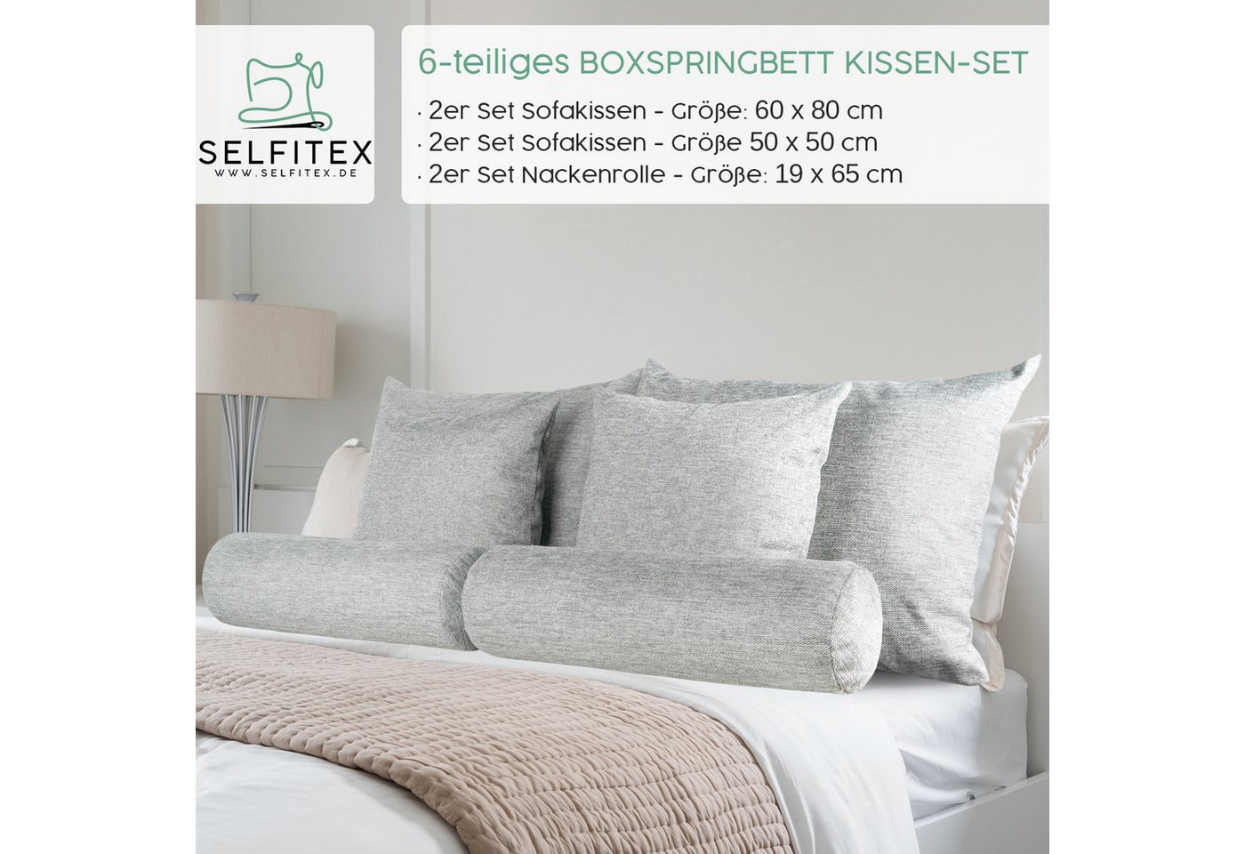 Selfitex Sofakissen 6-tlg. Kissen Set, 2x großes Kissen/2x kleines Kissen/2x Nackenrolle, (6er Set, 2x großes Kissen, 2x kleines Kissen, 2x Nackenrolle), für Sofa, Couch, Bett