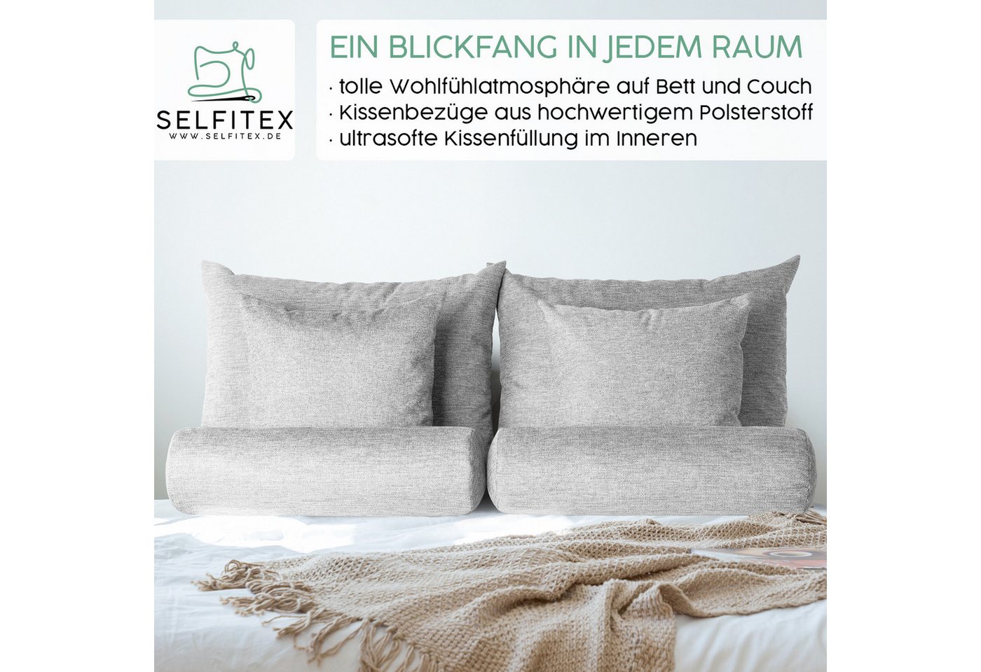 Selfitex Sofakissen 6-tlg. Kissen Set, 2x großes Kissen/2x kleines Kissen/2x Nackenrolle, (6er Set, 2x großes Kissen, 2x kleines Kissen, 2x Nackenrolle), für Sofa, Couch, Bett Bild 3